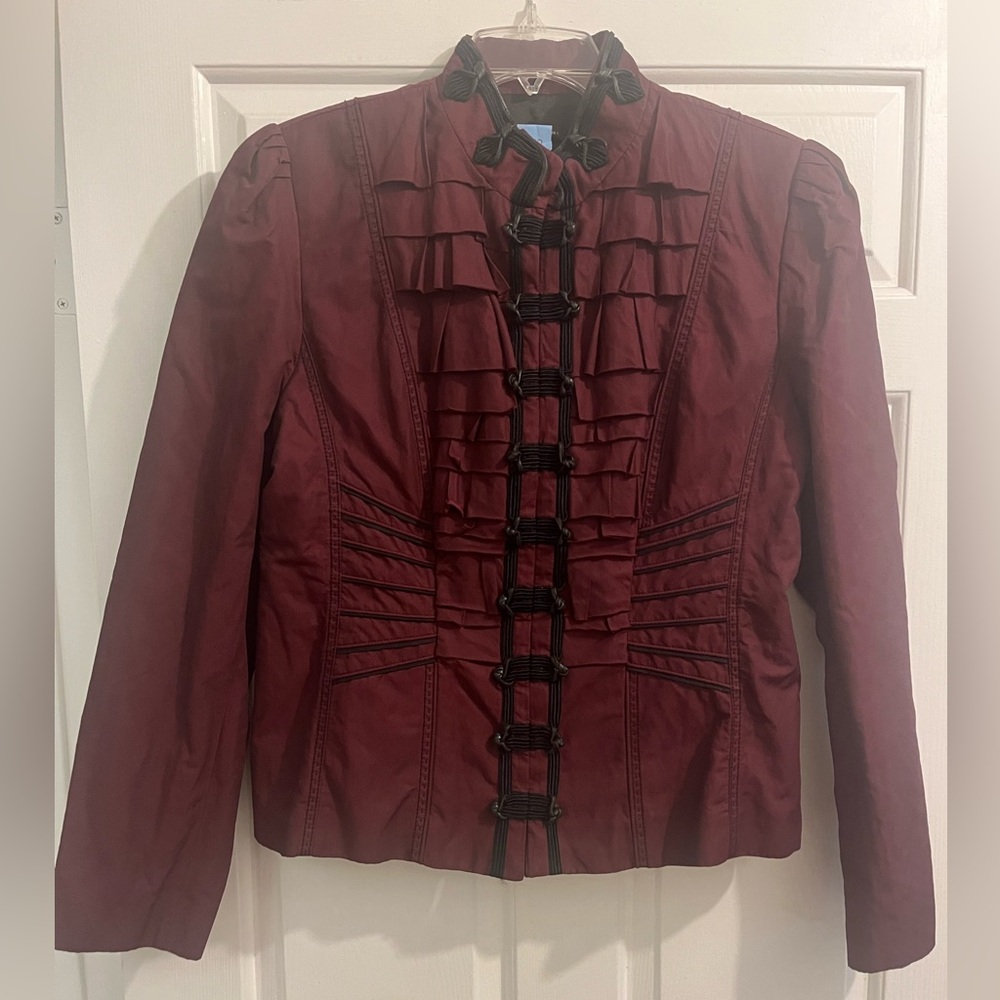 Elie Tahari Burgundy Ruffle Front Blazer